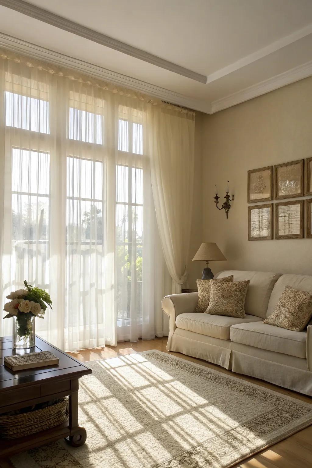Transparent curtains enhance the light and airy atmosphere.