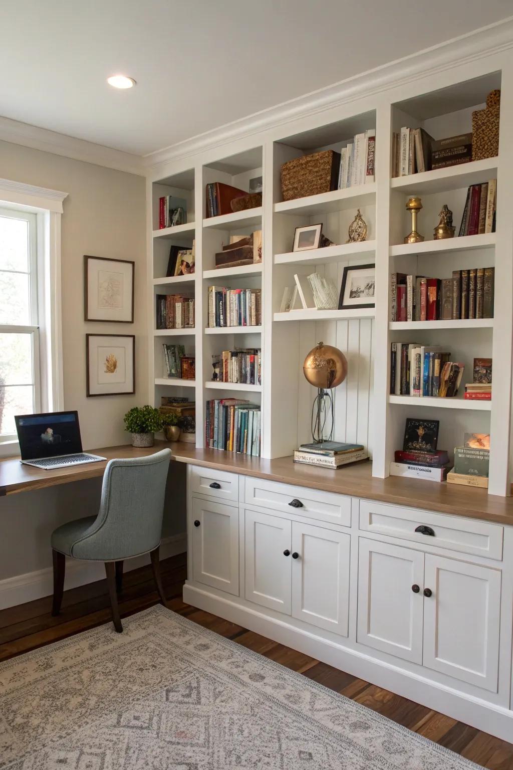 Personalized built-in shelving gives a customized fit and individual design.