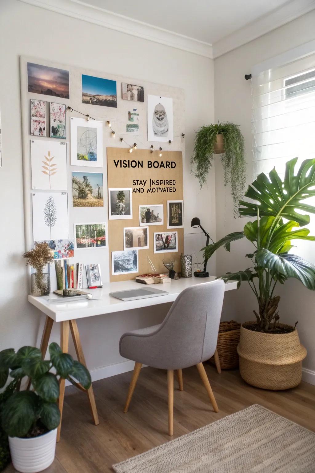 A vision board keeps goals and inspiration front and center.