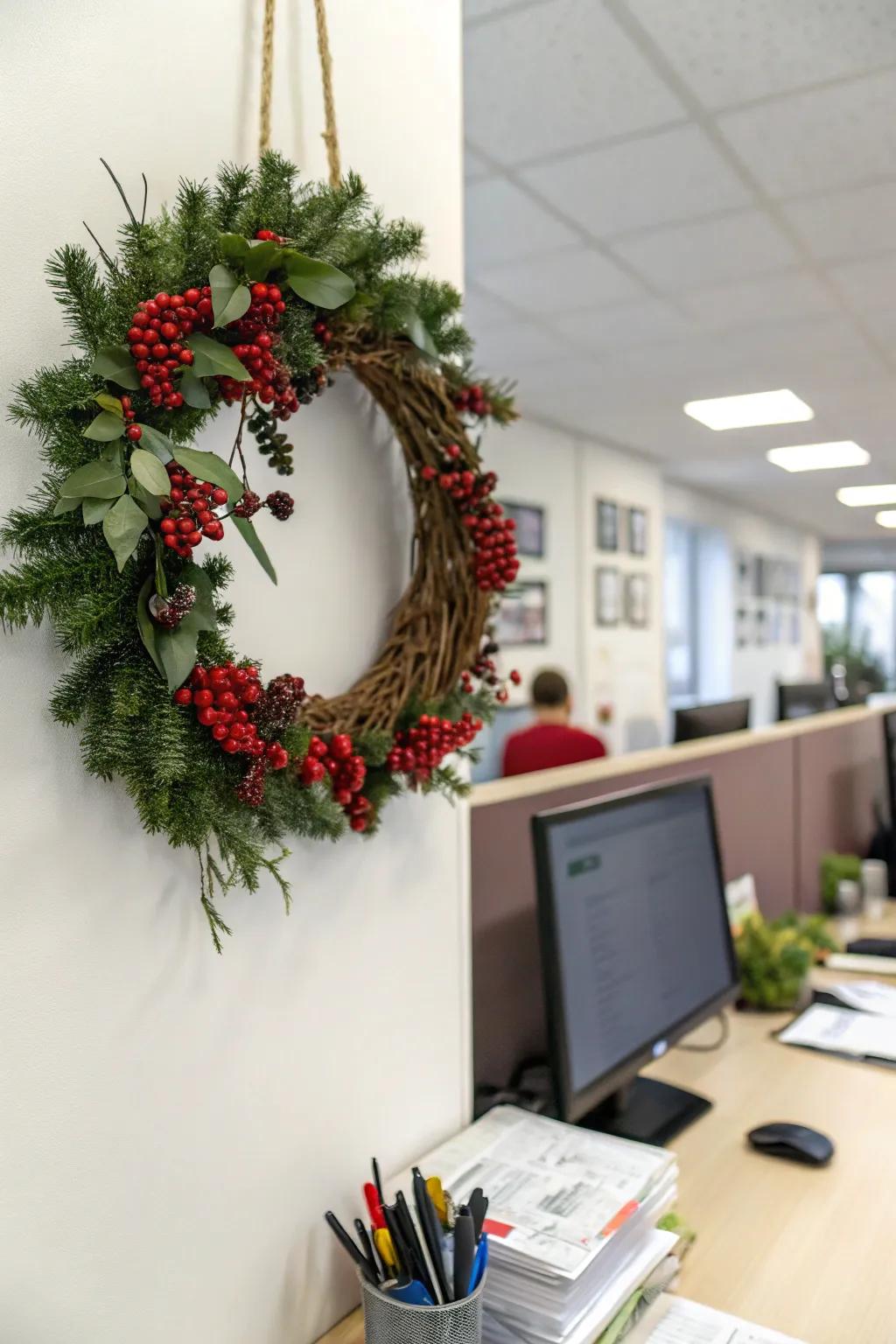 A garland contributes a classic hint of festivity to your workspace.