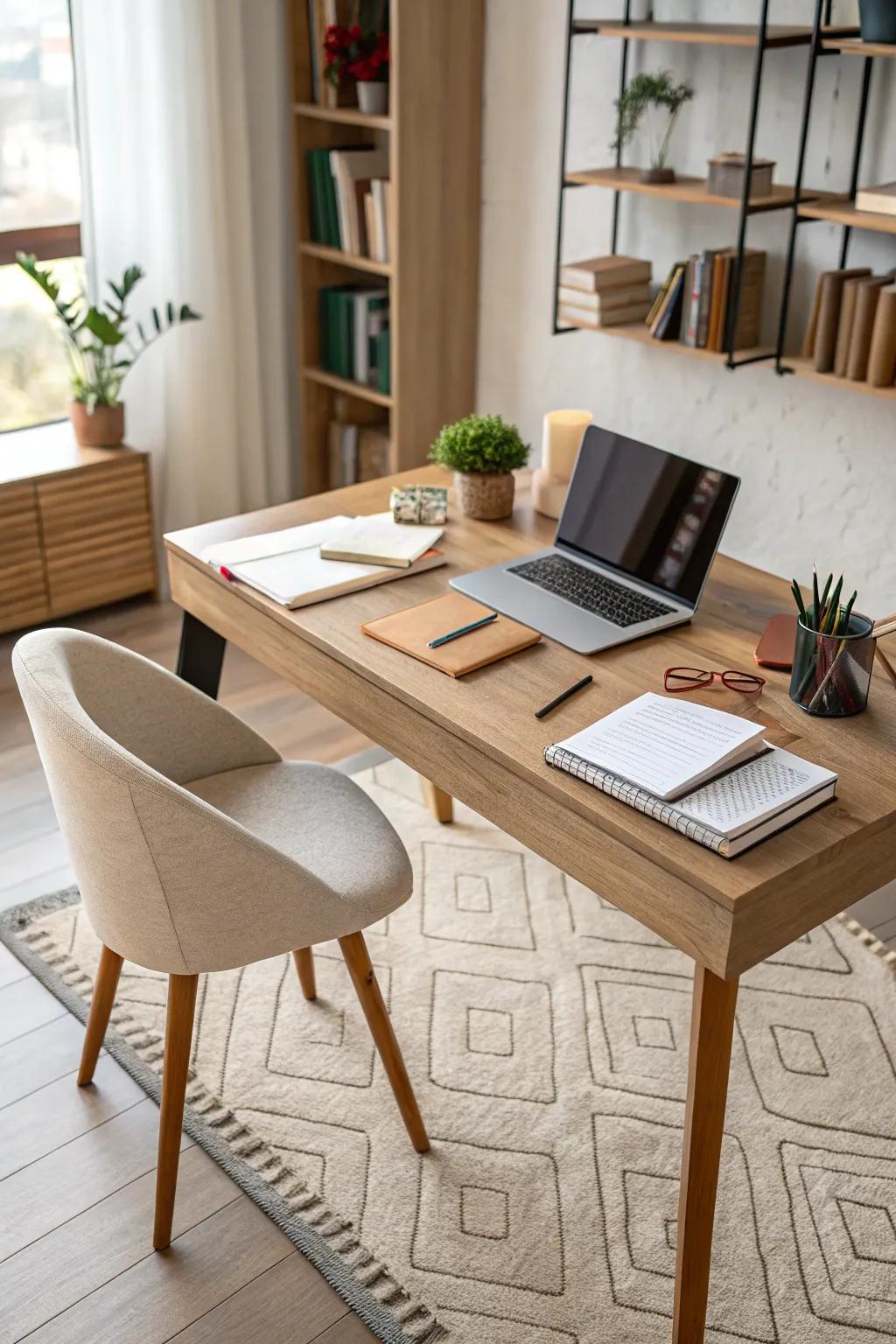 Impart warmth and flair via a snug desk rug.