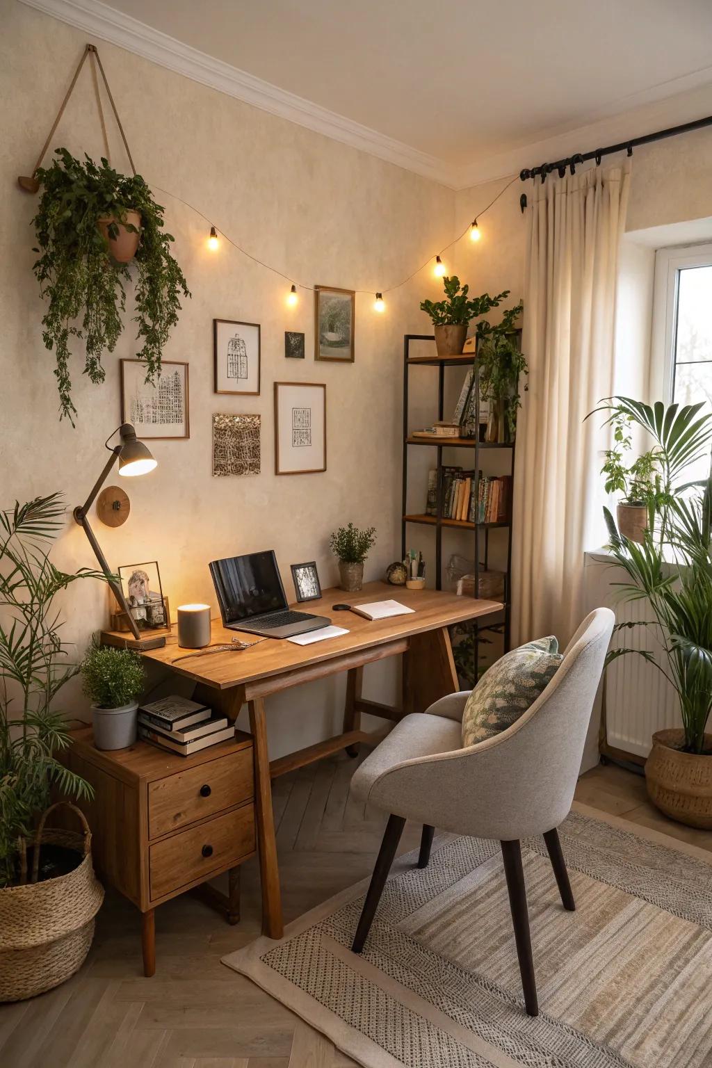 Cream tones foster a harmonious, warm office setting.