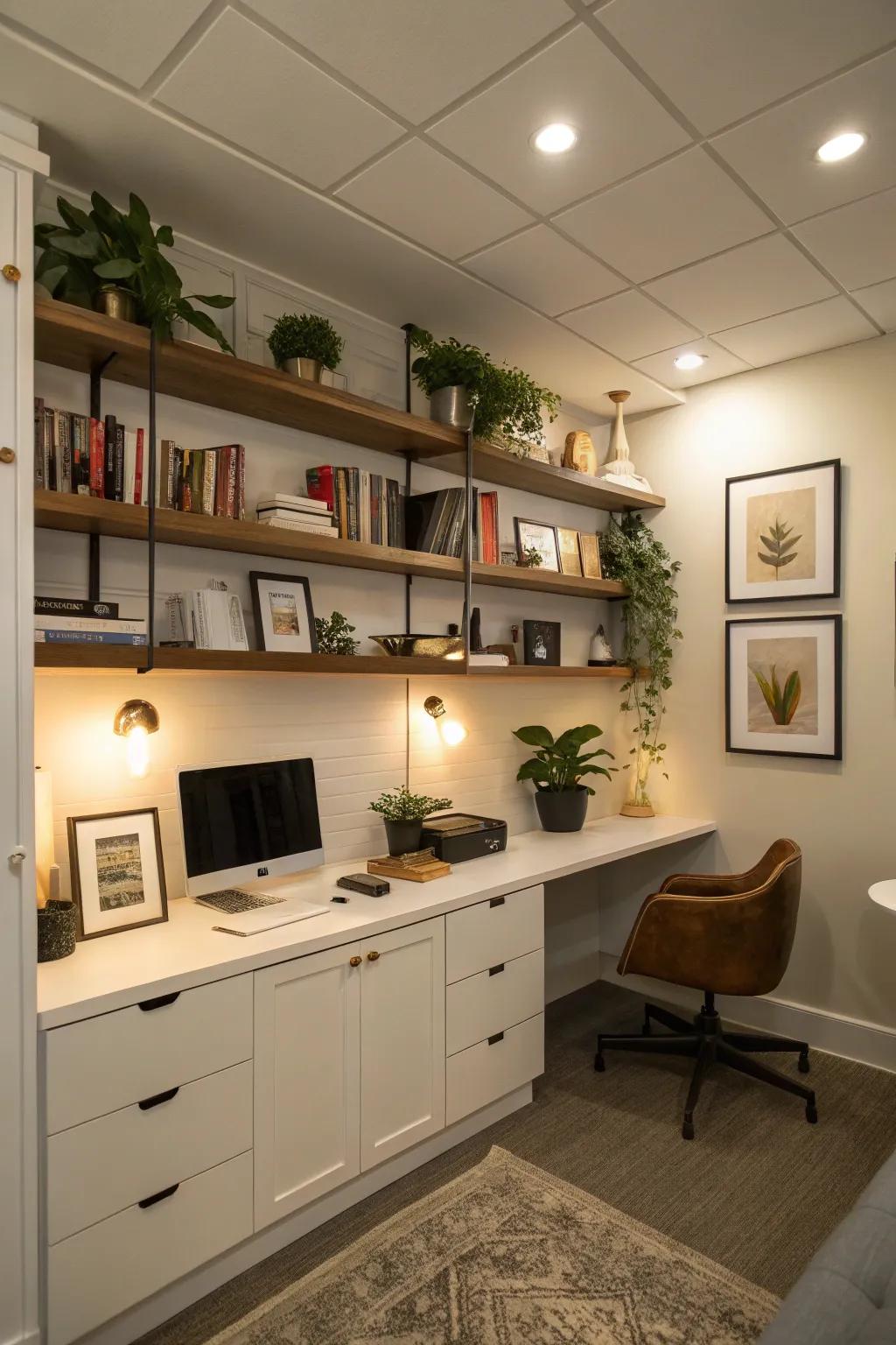 Wall lights with shelves offering practicality in the office.