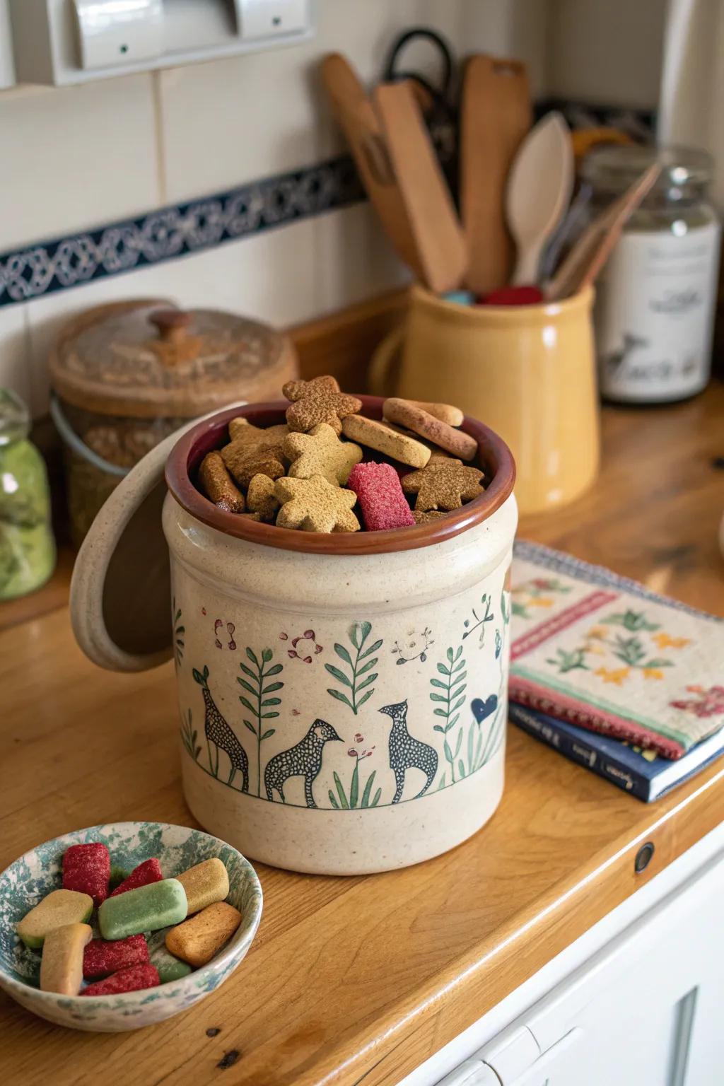 Preserve pet snacks gracefully stowed within a vintage jug.