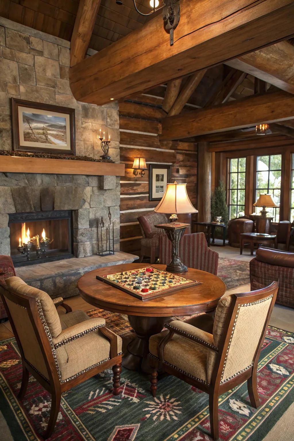 Rustic cabin featuring a vintage game table with seating.