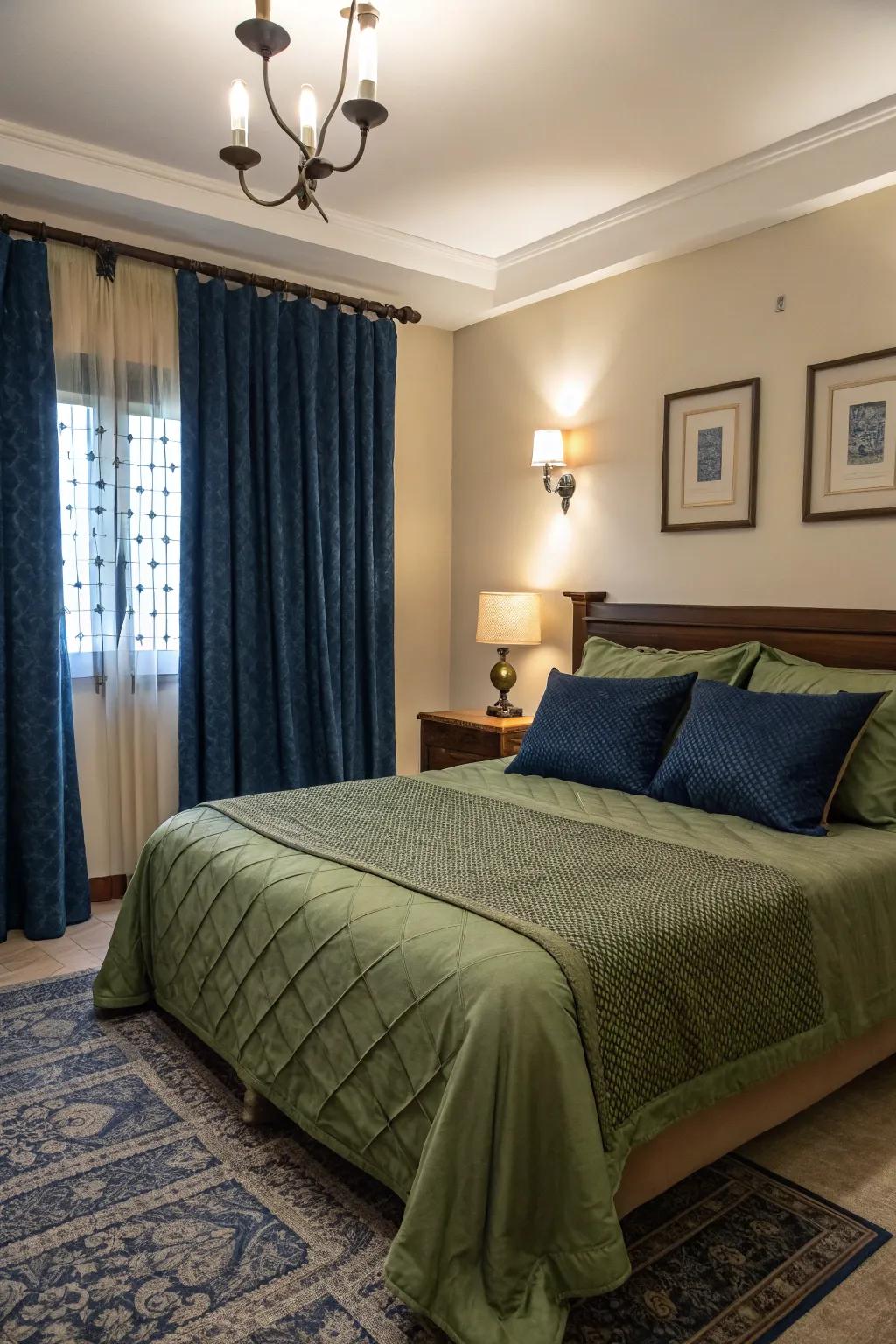 Deep blues enhance the sophistication of olive green bedding.