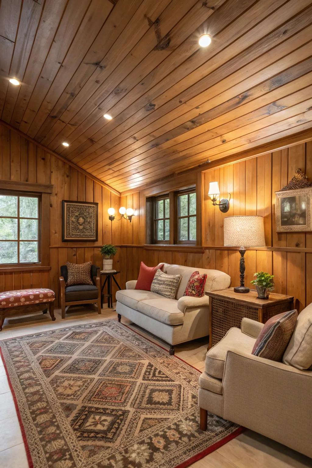 A cozy den featuring a wood-paneled ceiling for added warmth.
