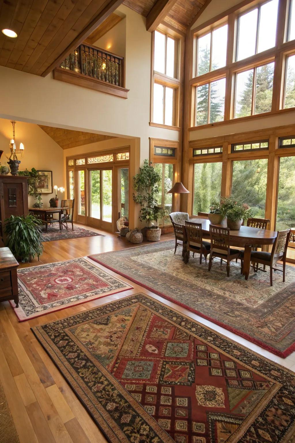 Rugs effectively zoning different areas within an open floor plan.