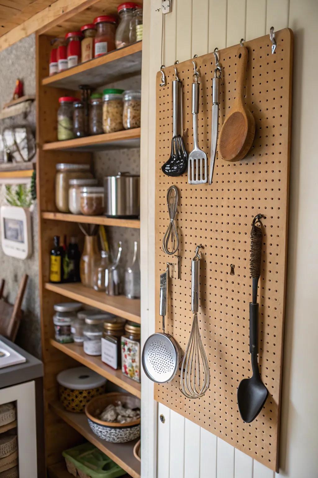 Pegboards provide accessible storage for kitchen tools.