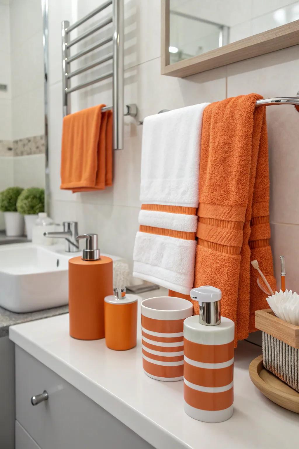 Tangerine and ivory items enliven a refined, modern bathing area.