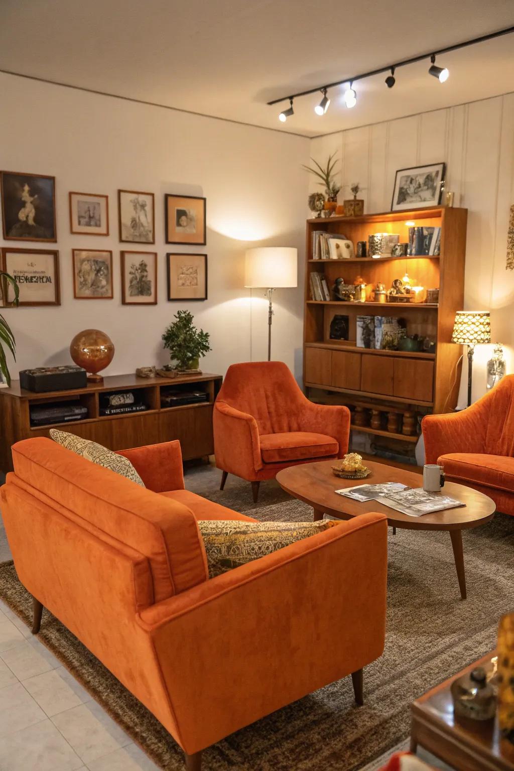 A unique lounge with vintage orange furniture pieces adding character.