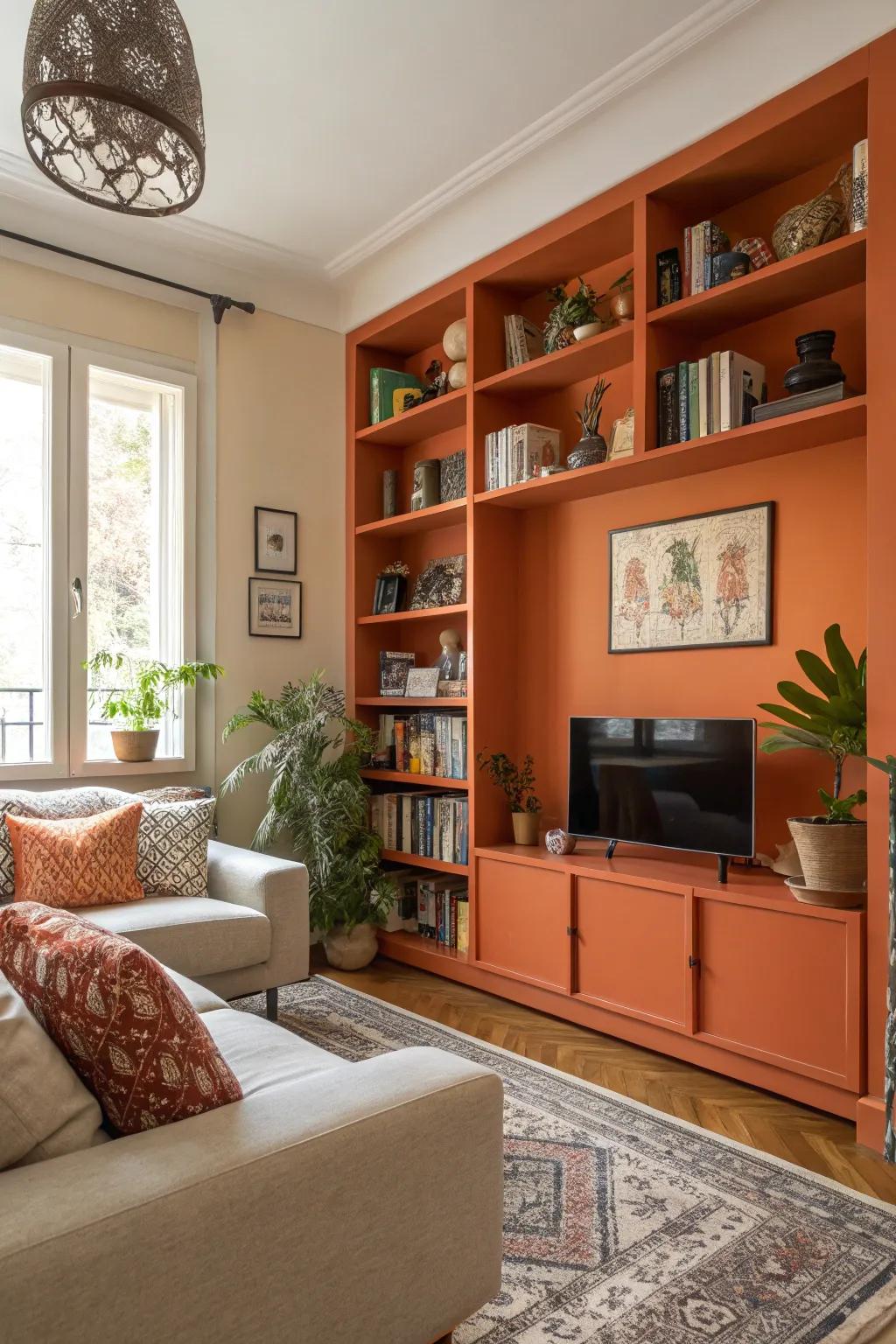 A family space where tangerine wall shelves provide both vibrancy and function.