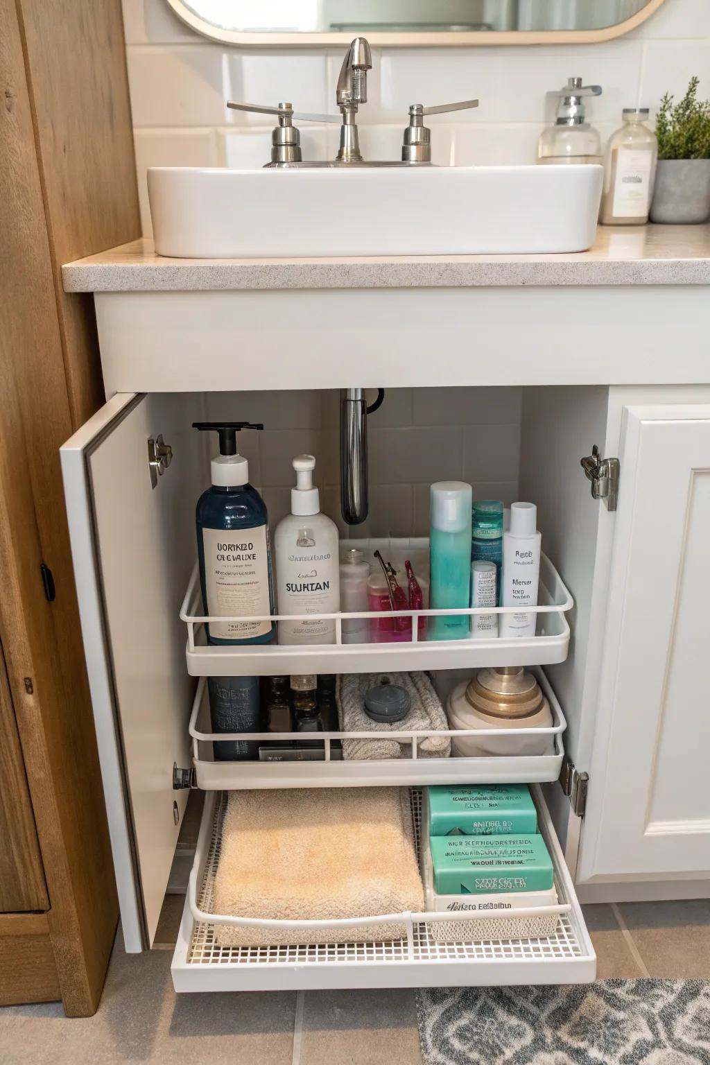 Tiered organizers maximize vertical space for easy access.