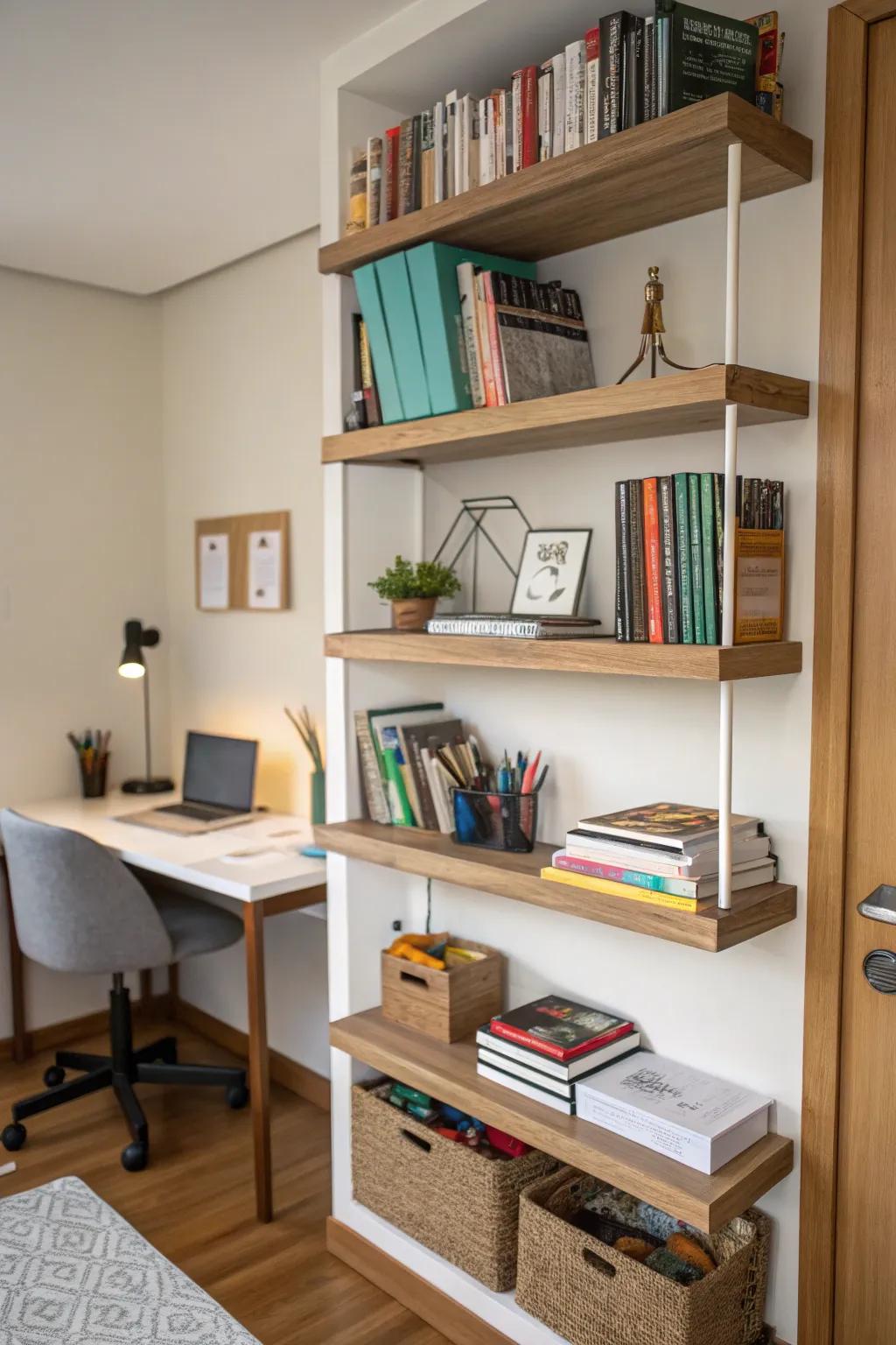 Wall-mounted shelves deliver fashionable and area-saving storage.