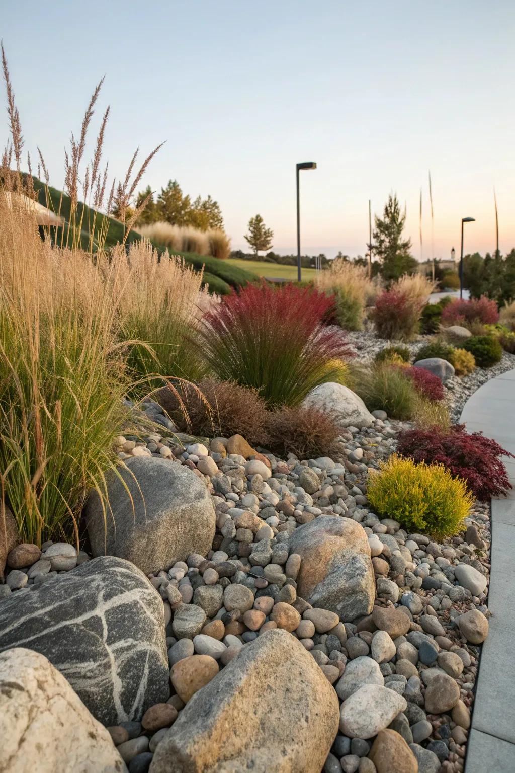 Ornamental grasses provide contrast in a rock garden setting.