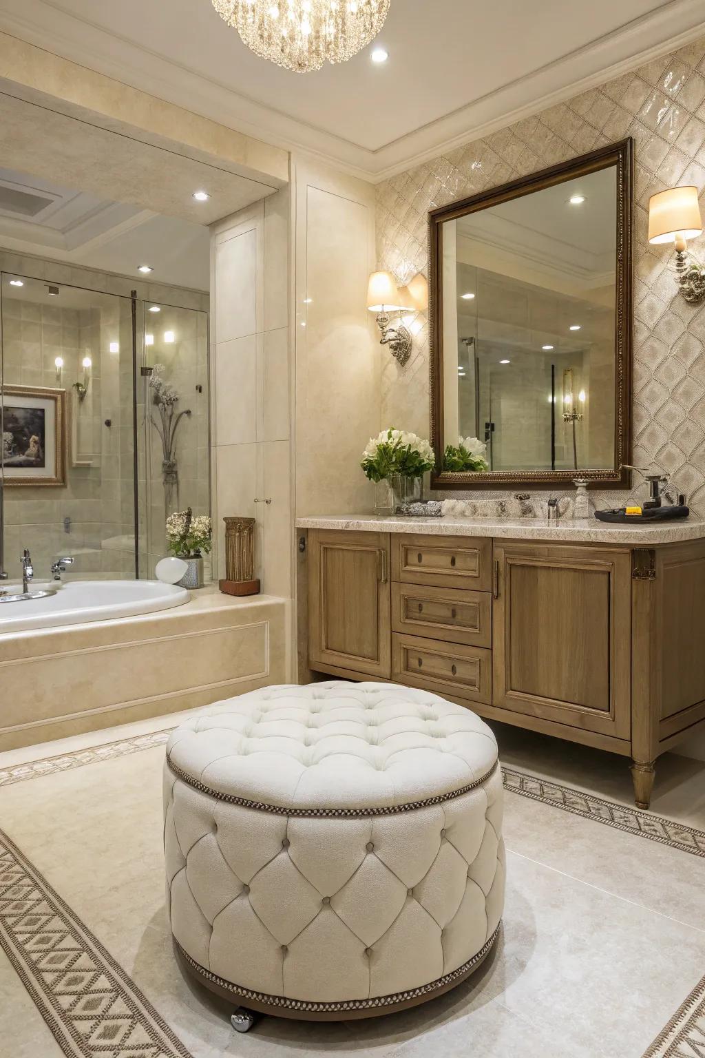 A luxurious touch with an ottoman in the bathroom.