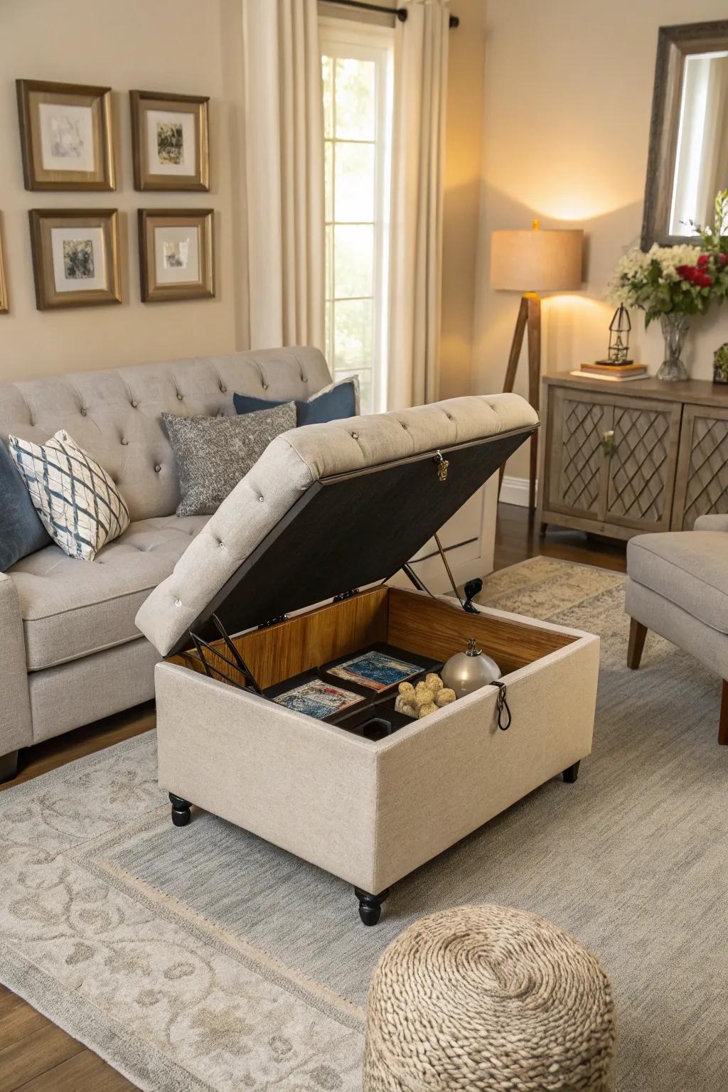 A multi-functional ottoman maximizes efficiency in compact living spaces.