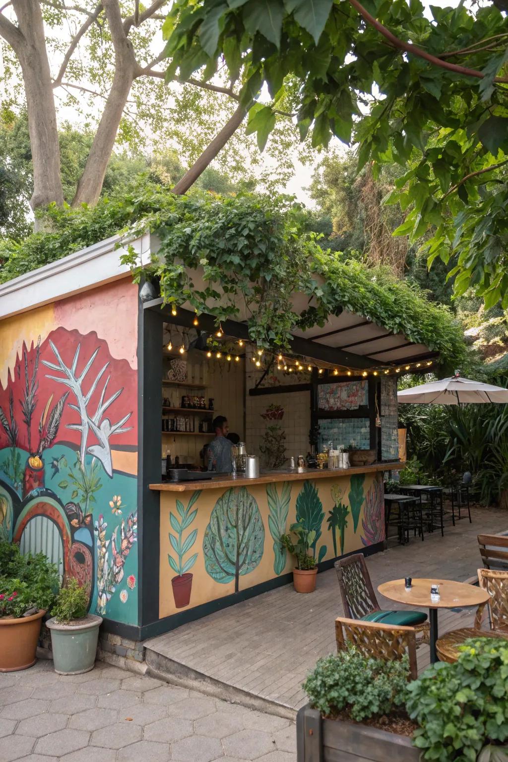 An artfully designed java station with stunning mural backdrops.