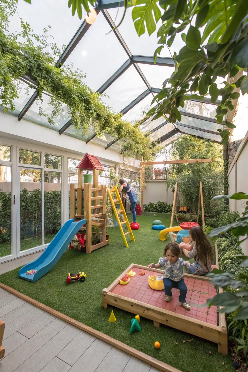 A joyful and secure children's play zone in a garden room.