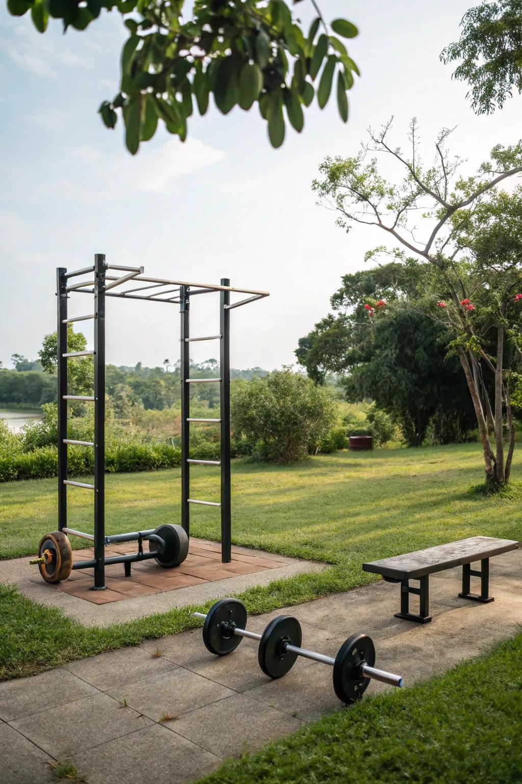 An outdoor exercise station makes fitness invigorating and enjoyable.