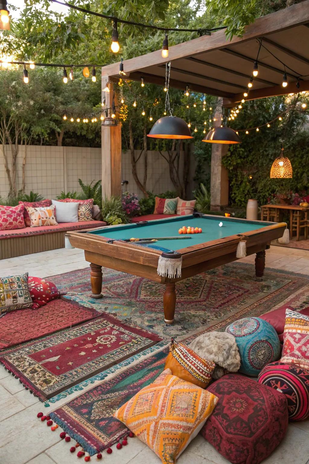 A bohemian-style snooker table area with eclectic and colorful decor.