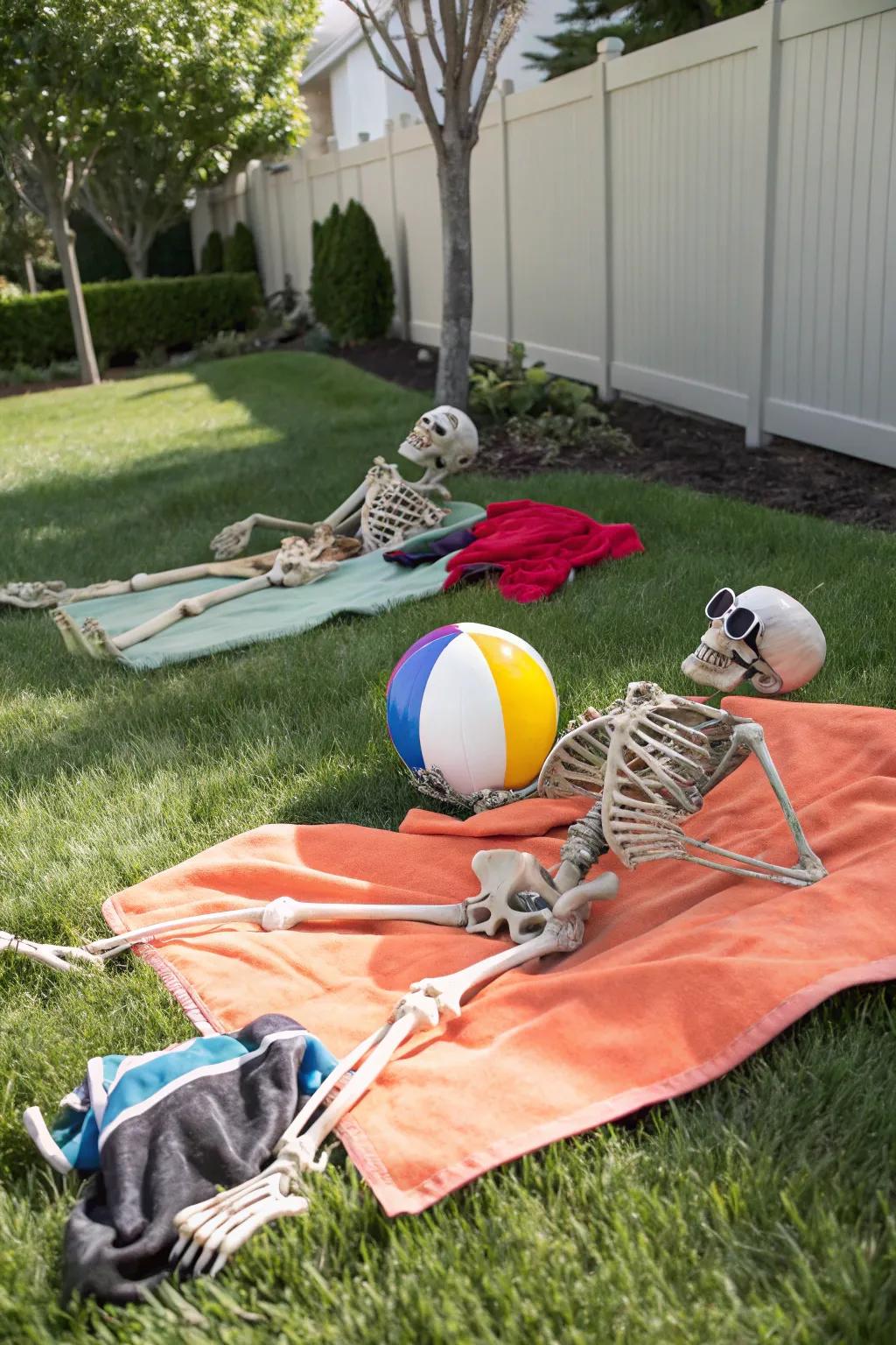 <strong><em>Skeletons</em></strong> enjoying a sunny day at their beach retreat.&rdquo; loading=&rdquo;lazy&rdquo; class=&rdquo;pimg&rdquo;>
	</picture><figcaption><strong><em>Skeletons</em></strong> enjoying a sunny day at their beach retreat.</figcaption></figure>
<p>Transport the beach to your yard with <strong><em>skeletons</em></strong> casually lounging on <strong><em>towels</em></strong>, sporting <strong><em>cool sunglasses</em></strong>, and playing with <strong><em>beach balls</em></strong>. It&rsquo;s a sun-kissed take on Halloween festivities.</p>
<h3>Items that may come in handy:</h3>
<ul class=