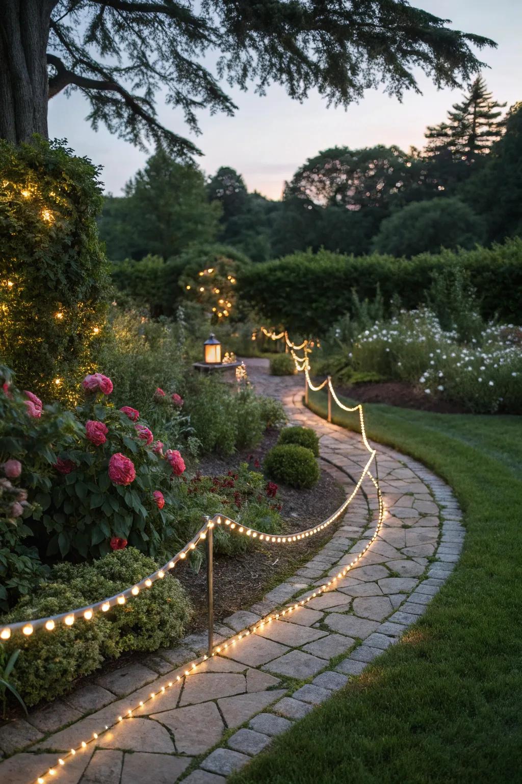 Solar cord illumination elegantly defines and brightens your cherished garden paths.