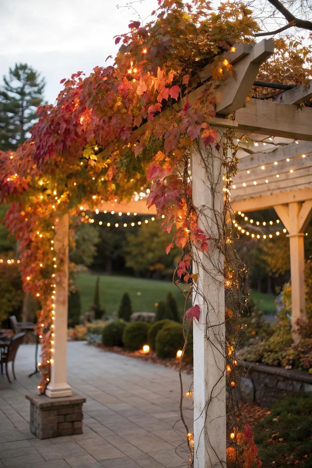 A foliage-adorned pergola establishes a bewitching spot for attendees.