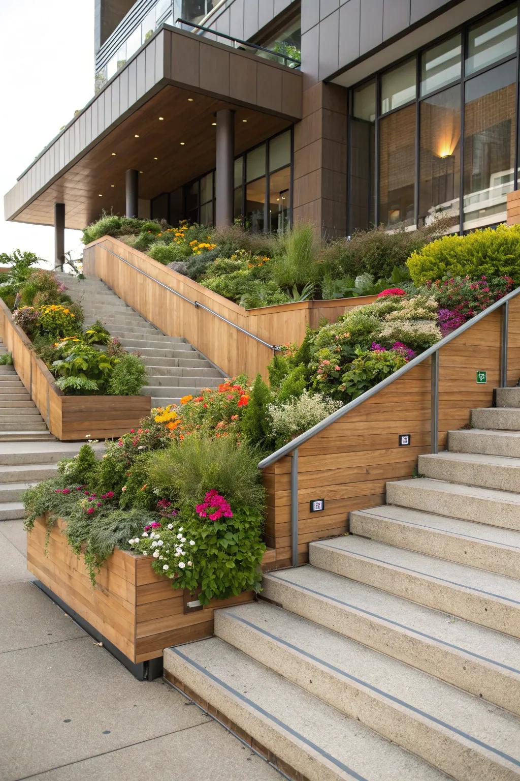 Eco-friendly steps with integrated containers for a natural touch.
