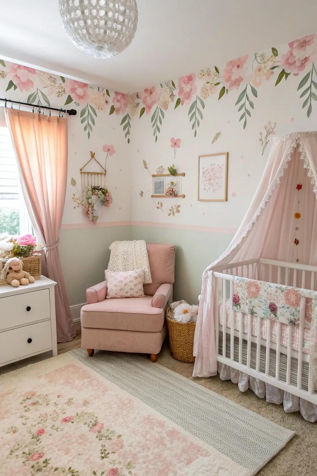 Floral hues create an elegant and relaxed atmosphere in the nursery.
