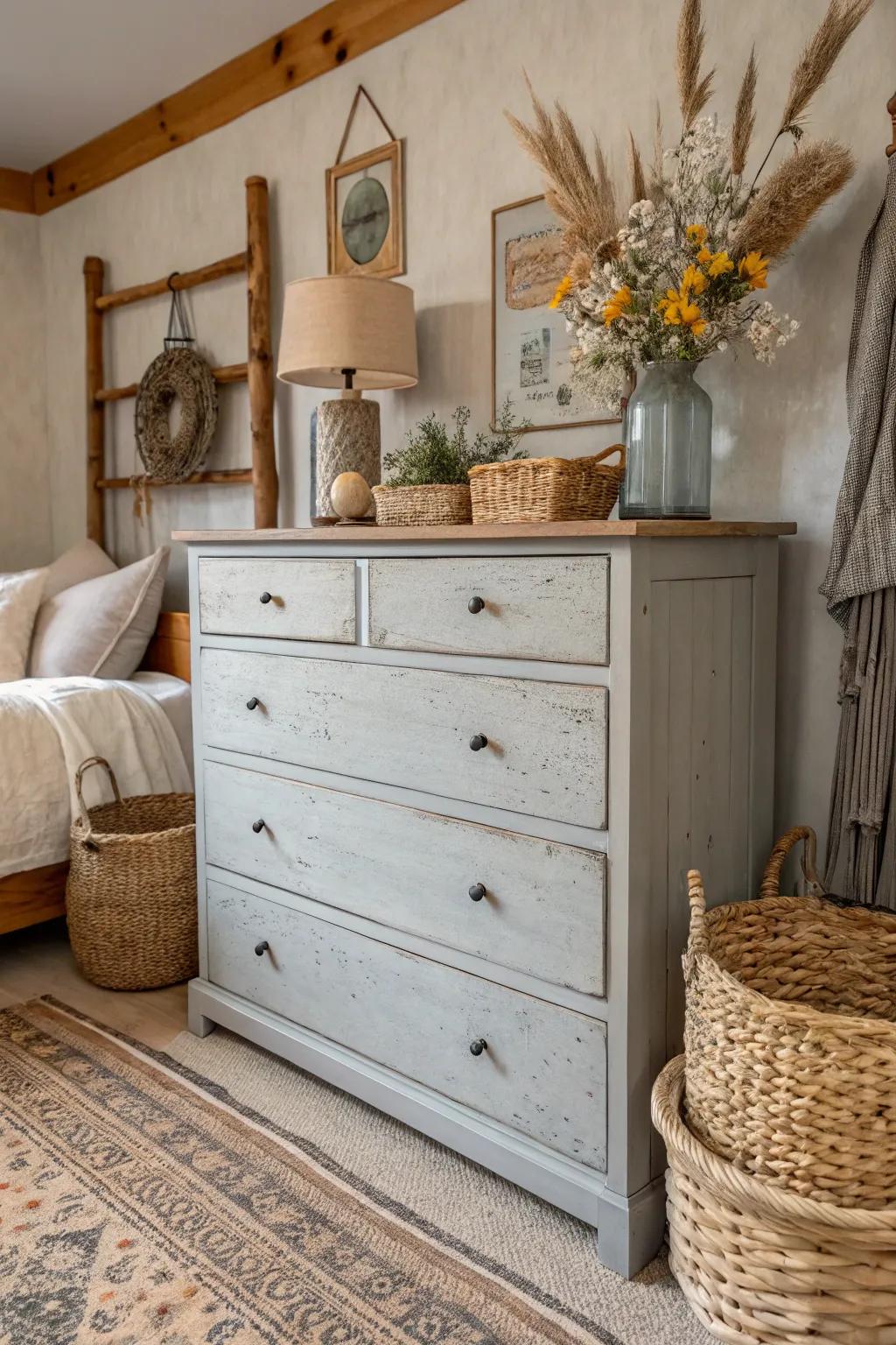 An eroded stone gray dresser adds rustic charm and character.