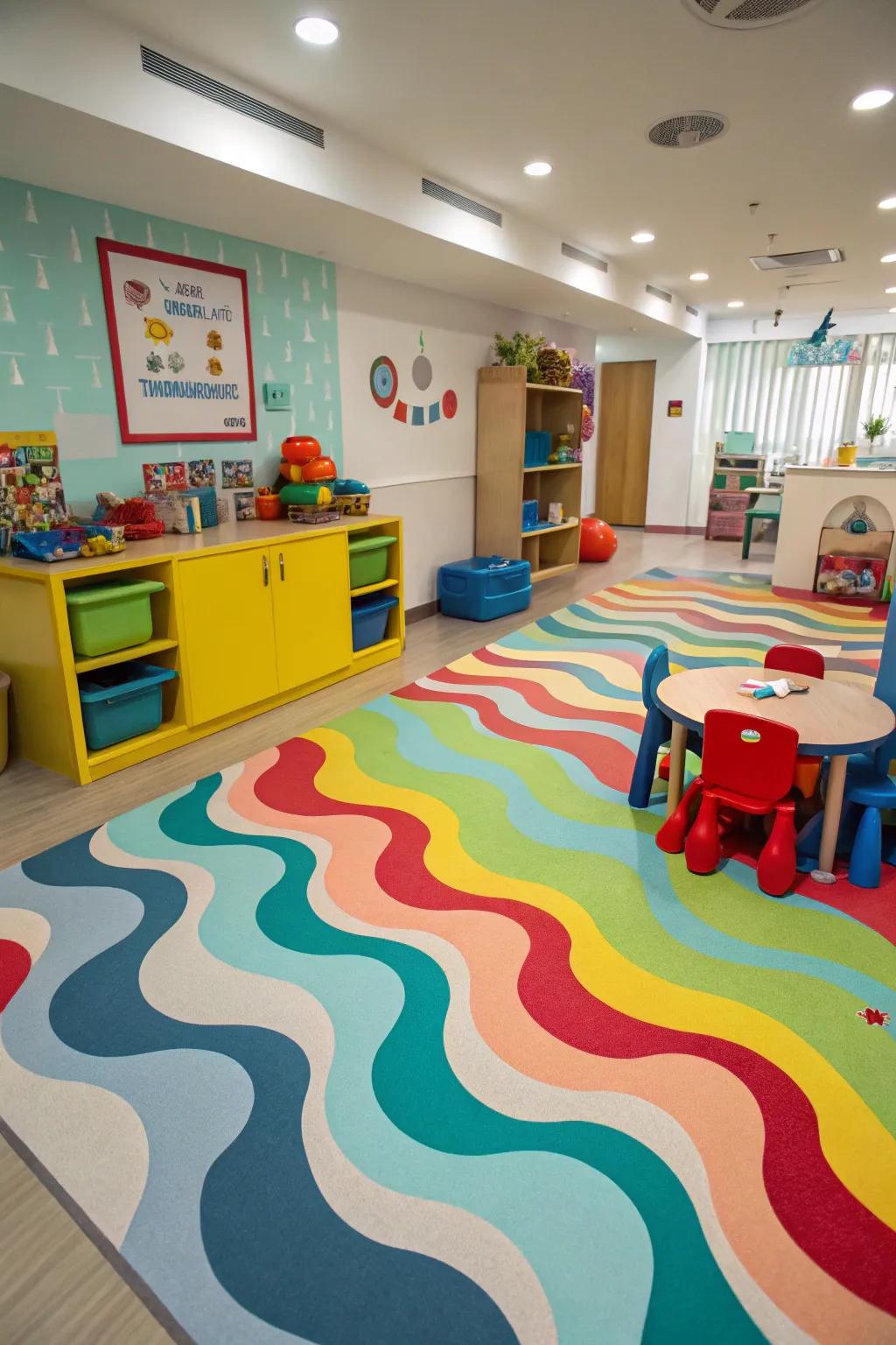 A playroom featuring whimsical wave-patterned painted floors, infusing a playful and energetic vibe.