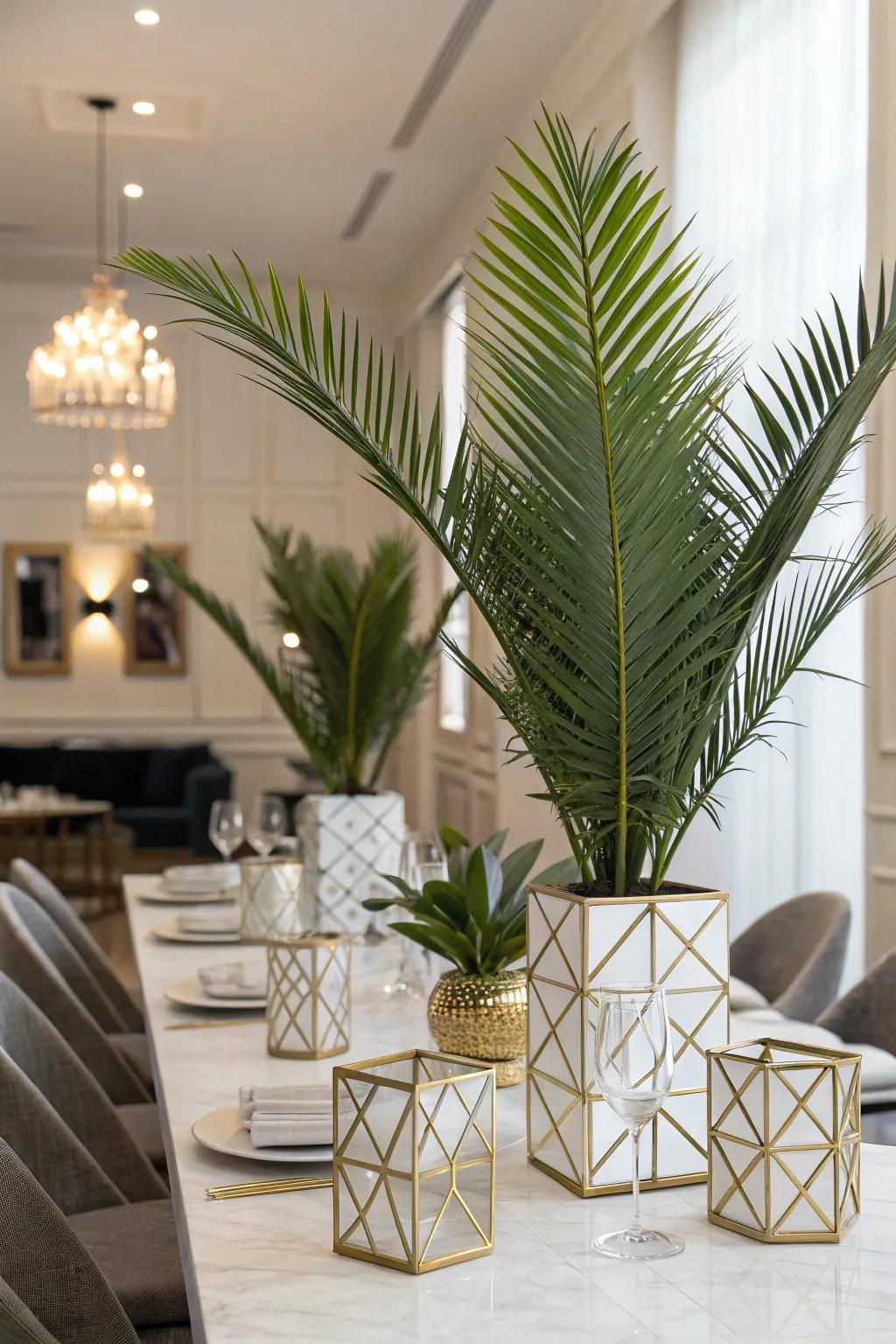 Geometric cases contribute a modern angle to frond centerpieces.