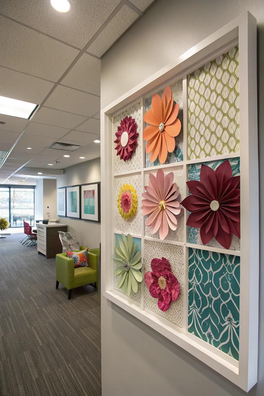 A geometric shadow box offers a modern artistic touch.