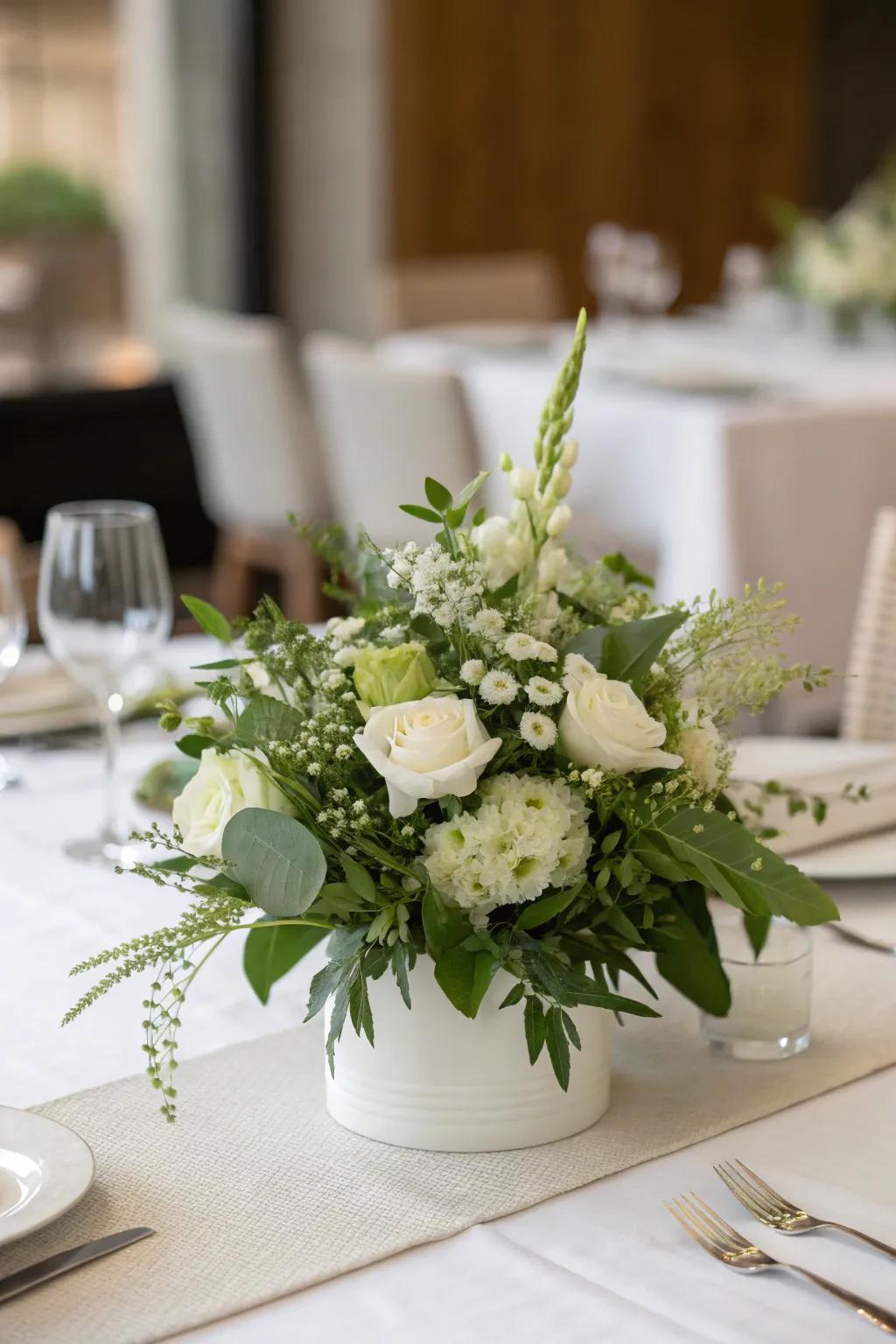 An understated centerpiece presenting white and green flowers.