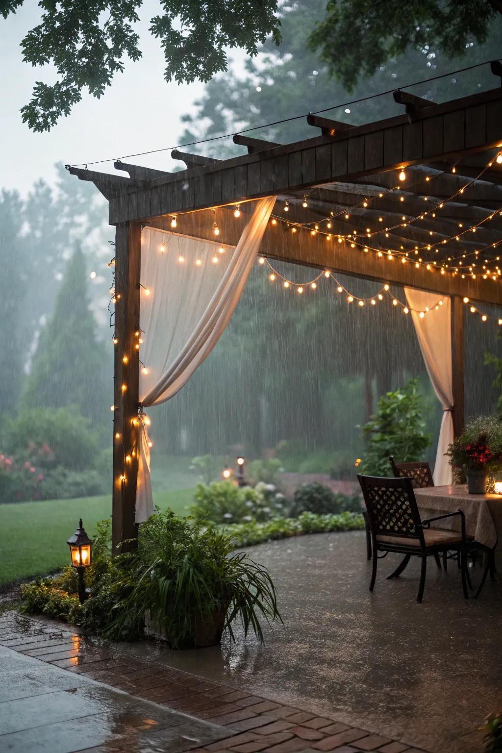 Fairy lights canopy creates a magical ambiance in rainy weather.