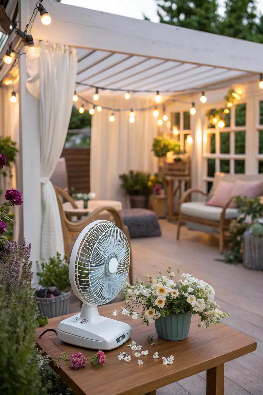 A chic patio with a mobile table fan for versatile cooling.