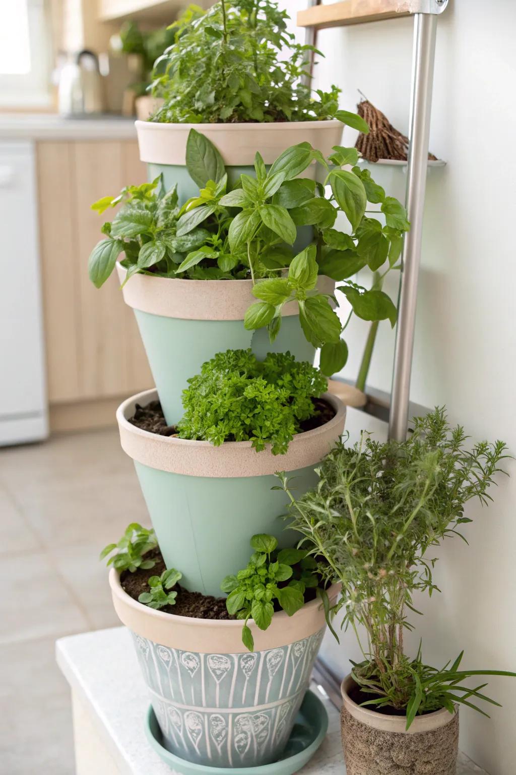 DIY herb tower maximizing upright area.