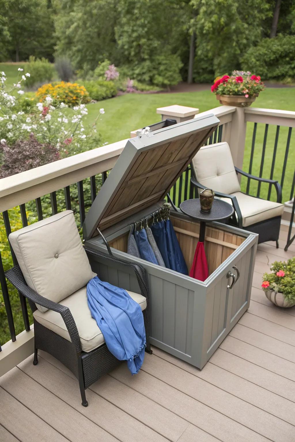 Discrete storage via a concealed deck section.