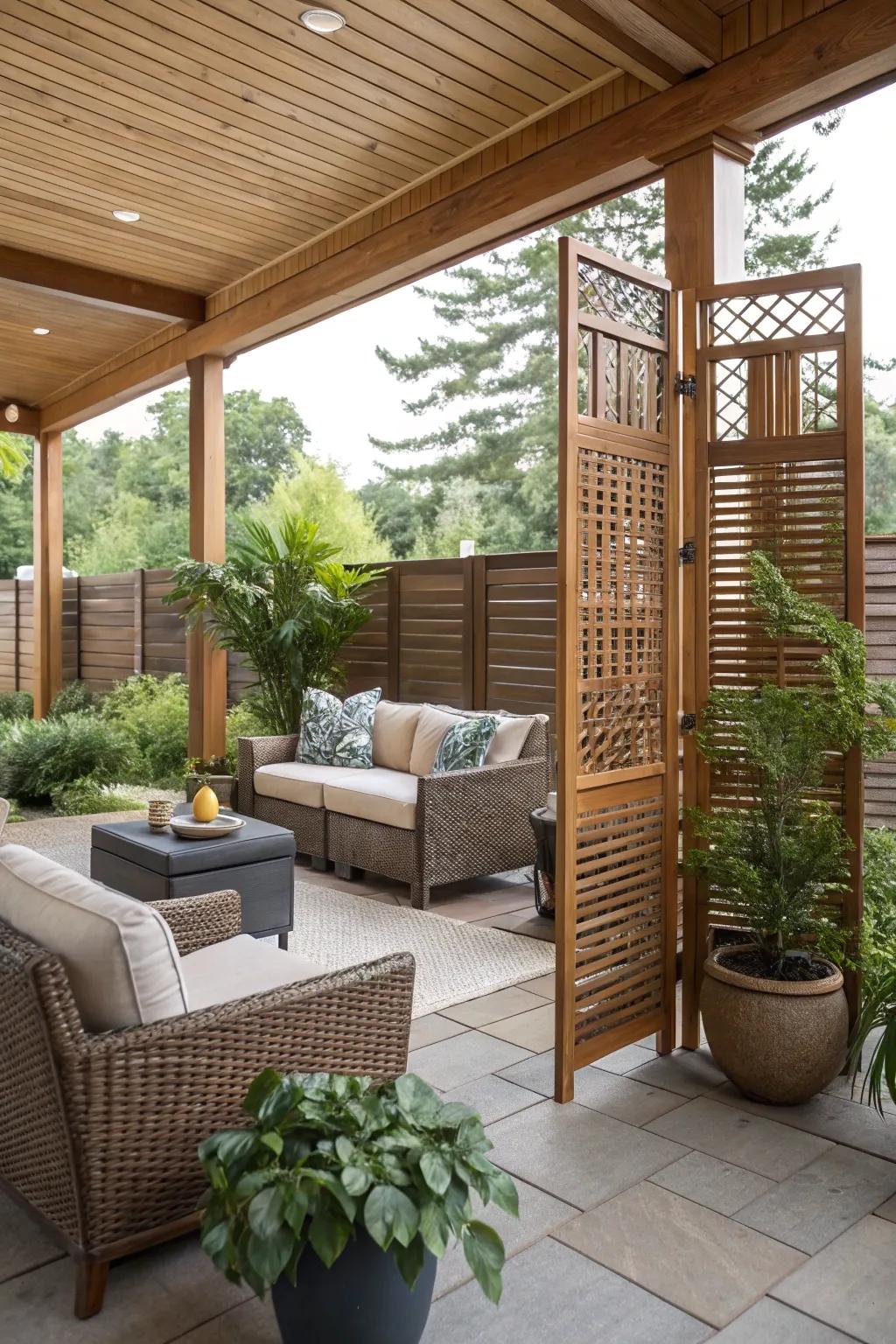 A serene patio featuring a timber privacy partition.