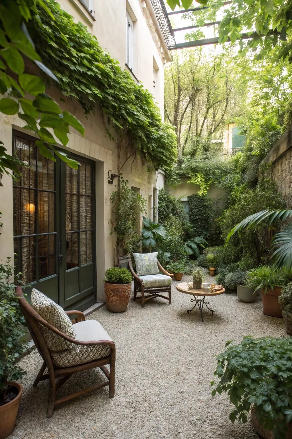 An exquisite patio refuge brimming with verdant foliage.