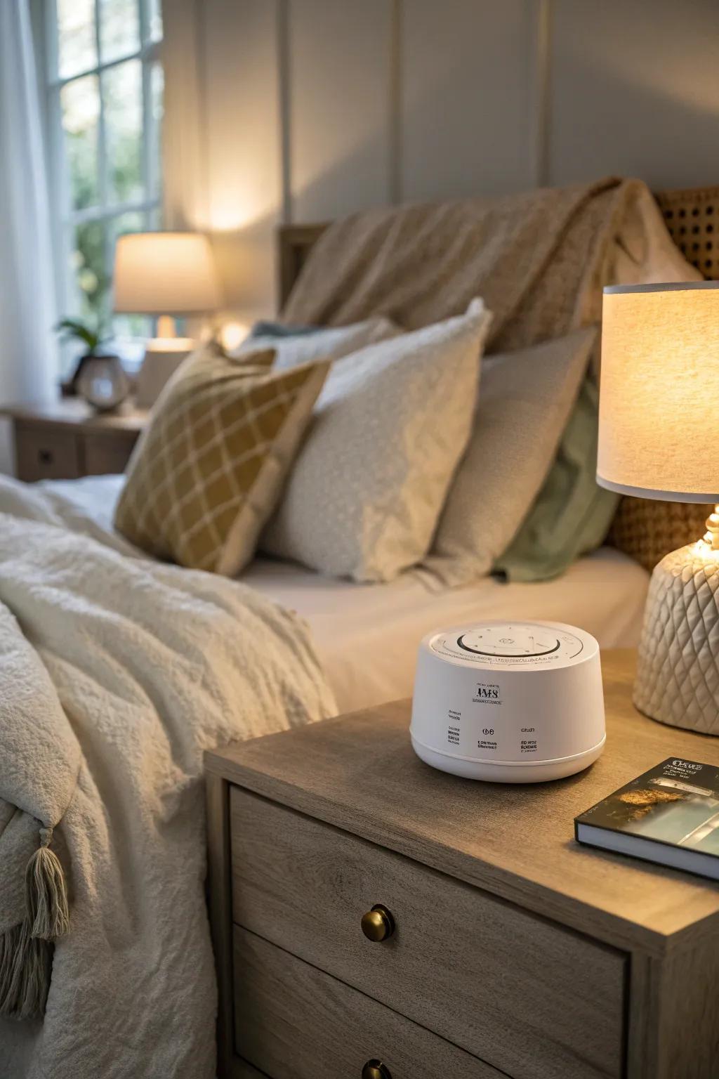 A bedroom equipped with a white noise machine for a peaceful auditory environment.
