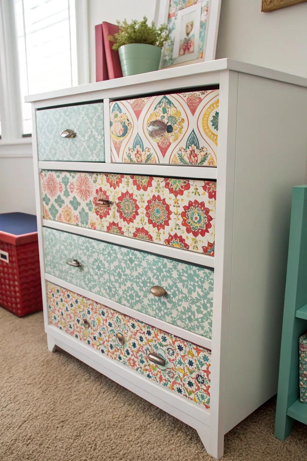 Refresh your furniture with chic wallpaper designs.