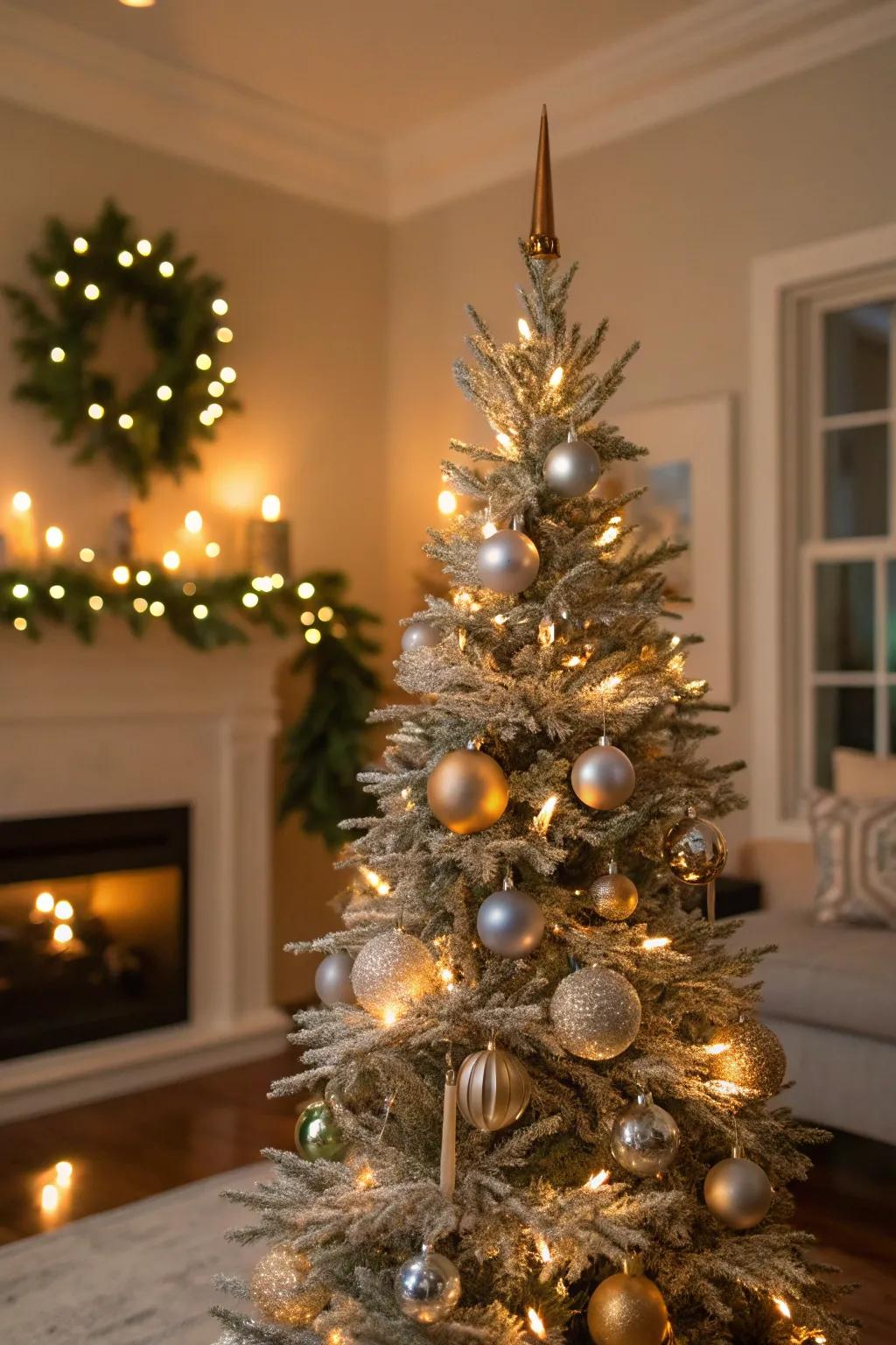 Metallic accents append luxury and radiance to a slender tree.