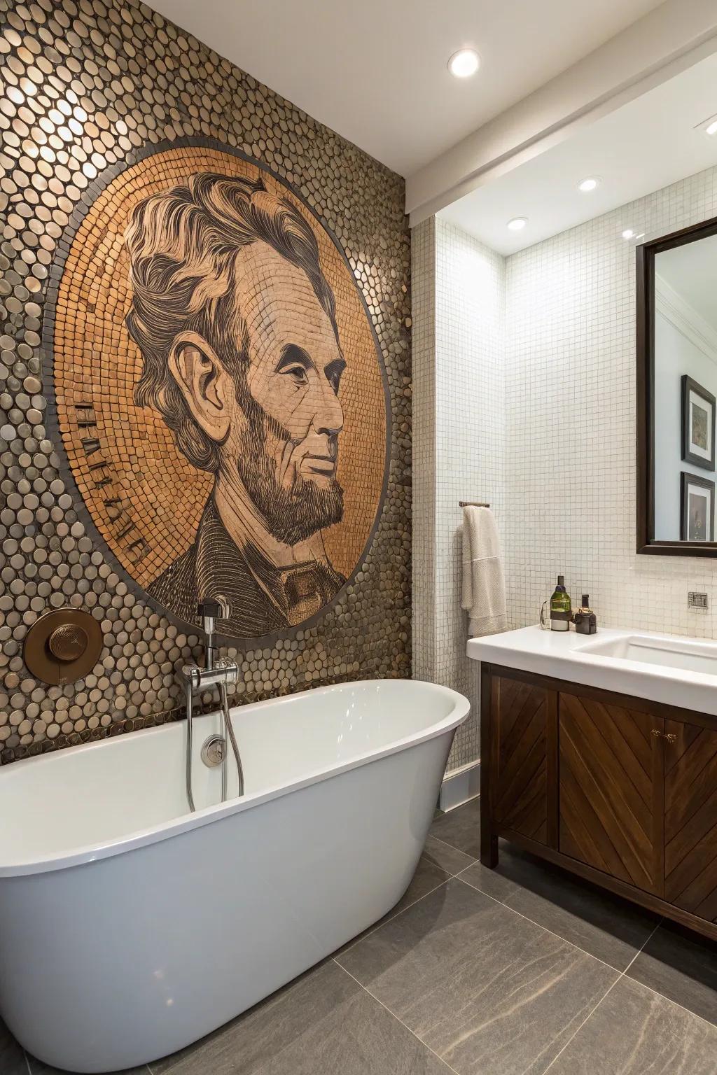 Distinct mosaic art using penny tiles as a central feature.