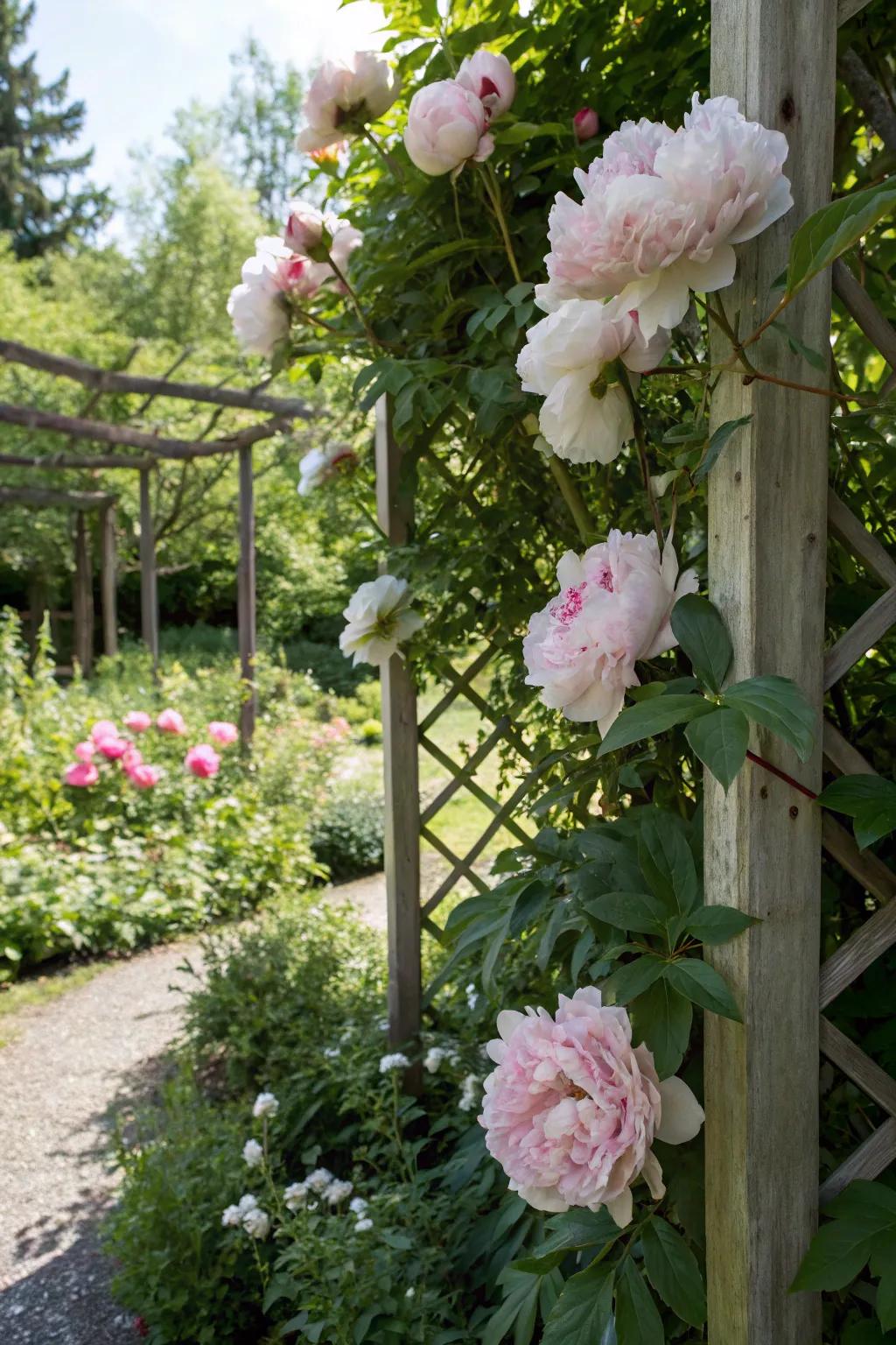 Uprights injecting pinnacle and whimsy to a peony garden.