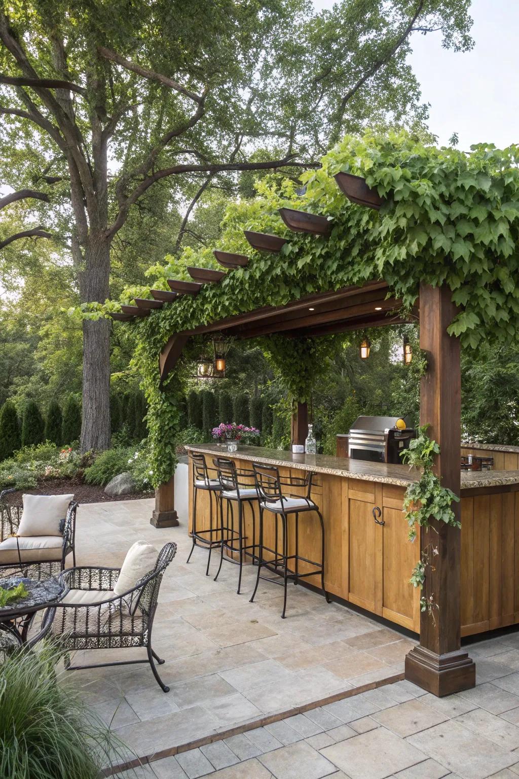Under the pergola, a built-in bar is ideal for entertaining.