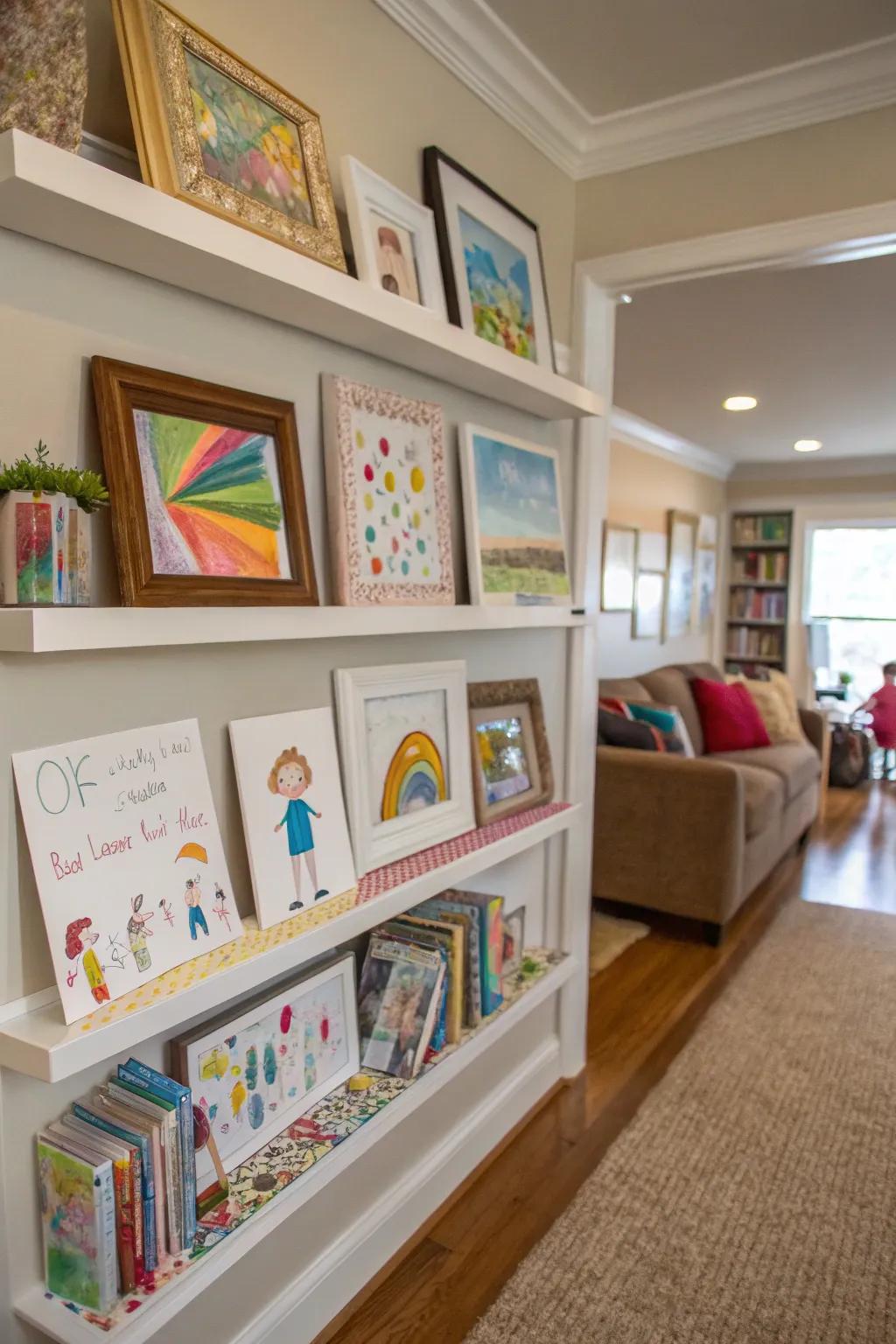 Picture ledges showcasing children's artwork.