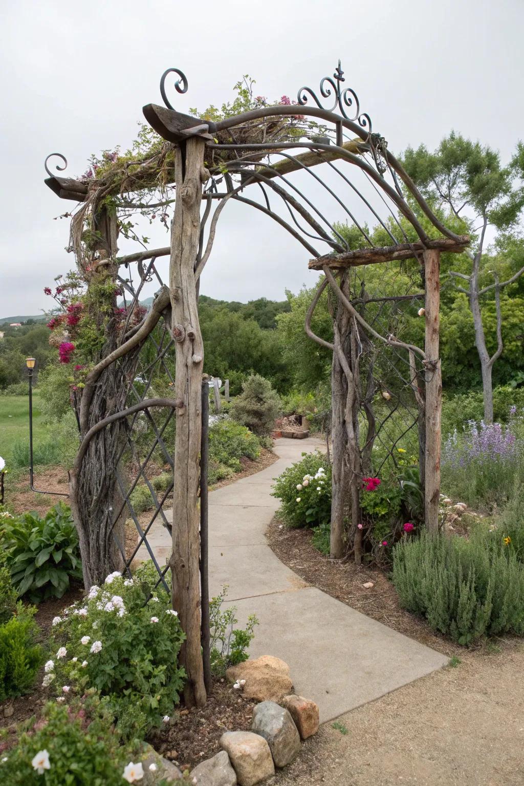 An eclectic arbor combines unexpected materials for a bold and unique statement, reflecting personal style.