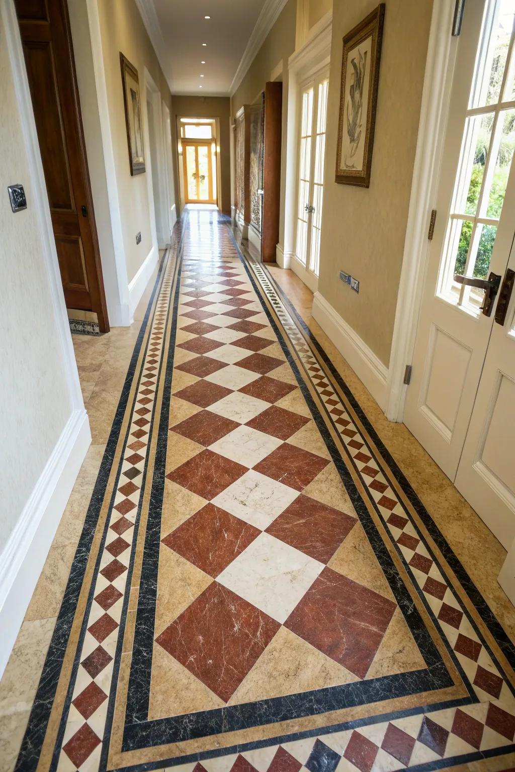 Bold borders in hallways create a guiding visual path.